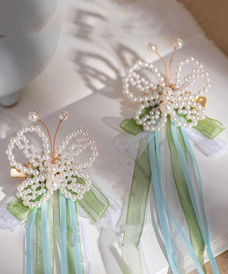 Chinese Style Green Alloy Pearl Butterfly Tassel Ribbon Hairpin