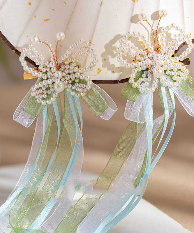Chinese Style Green Alloy Pearl Butterfly Tassel Ribbon Hairpin