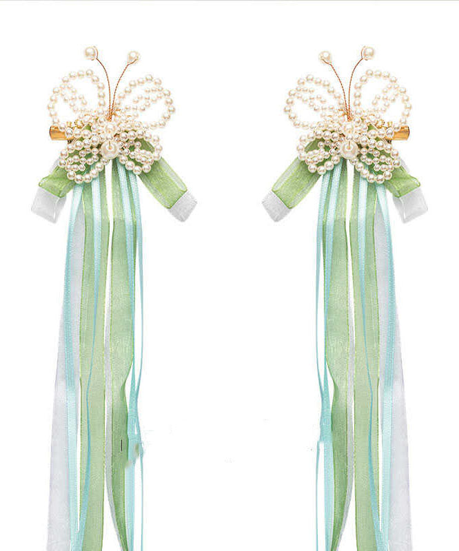 Chinese Style Green Alloy Pearl Butterfly Tassel Ribbon Hairpin