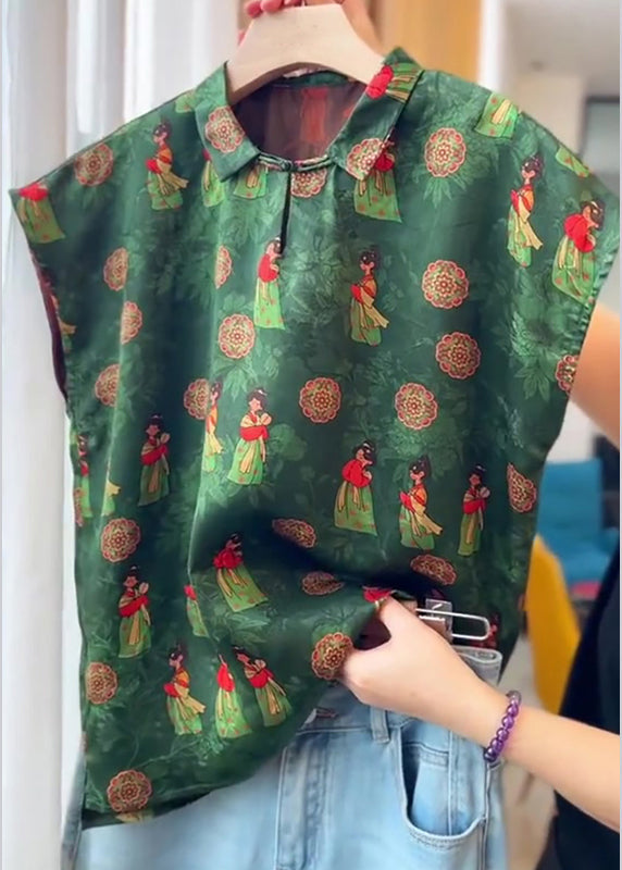 Chinese Style Green Button Print Cotton Shirts Summer