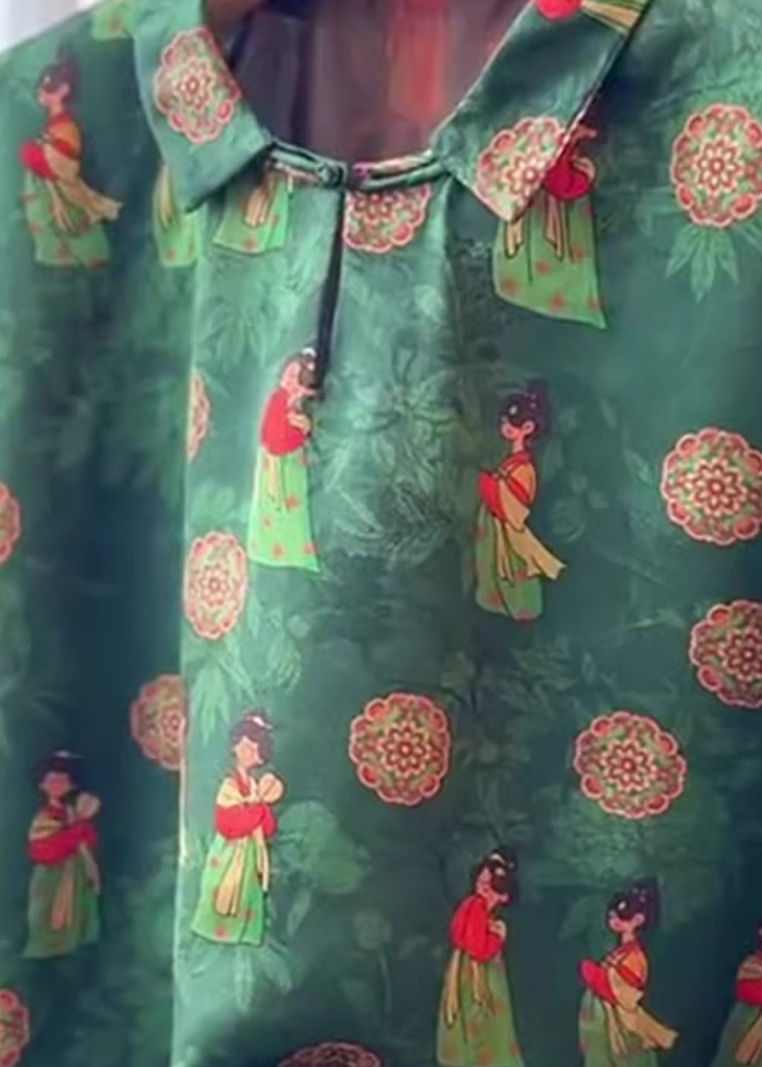 Chinese Style Green Button Print Cotton Shirts Summer