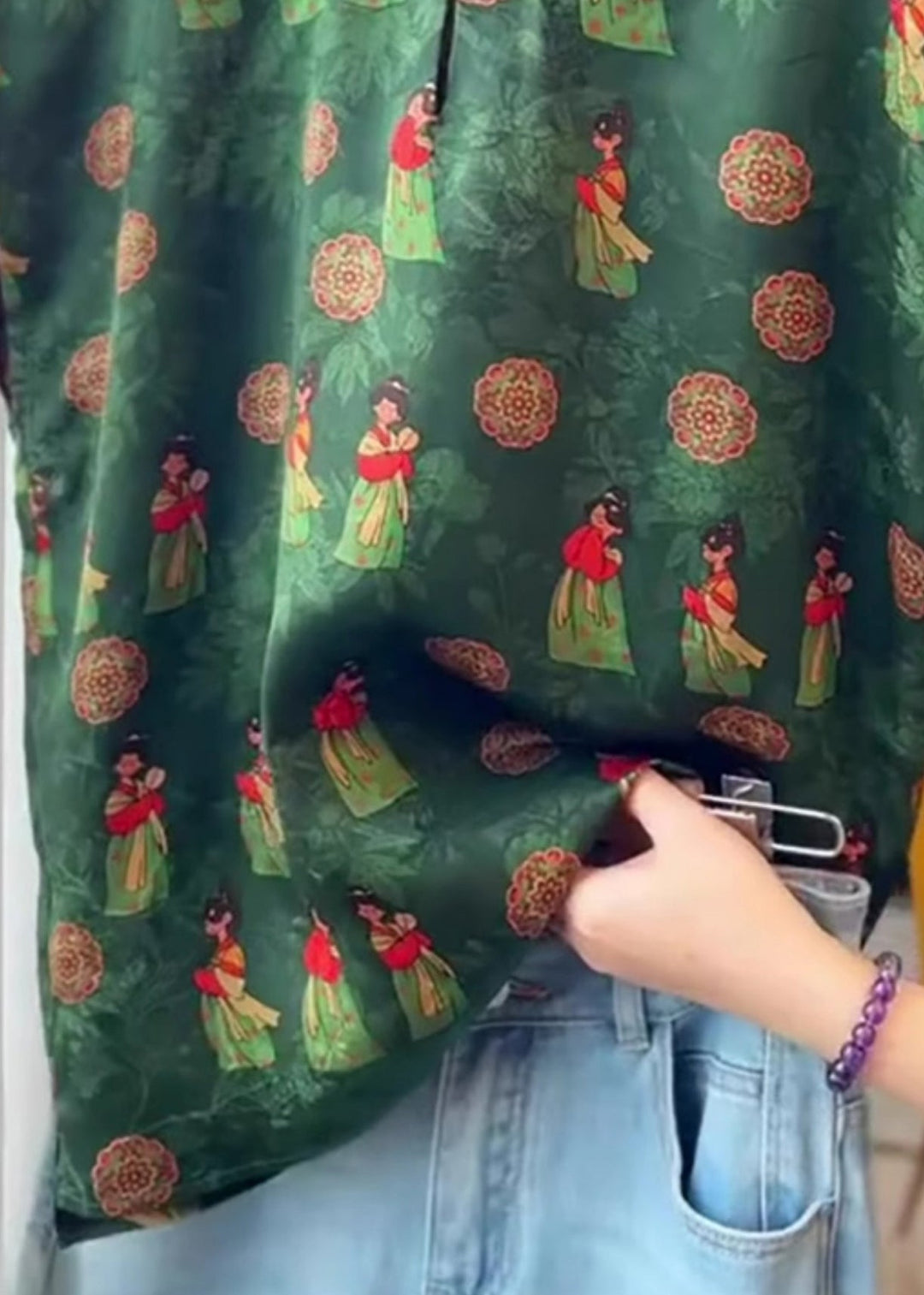 Chinese Style Green Button Print Cotton Shirts Summer