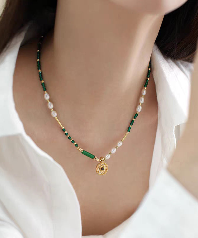 Chinese Style Green Copper Alloy Crystal Patchwork Beading Pendant Necklace - Omychic