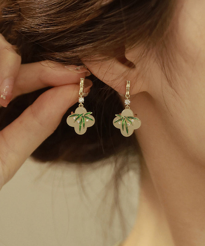 Chinese Style Green Copper Alloy Zircon Resin Bamboo Leaf Drop Earrings