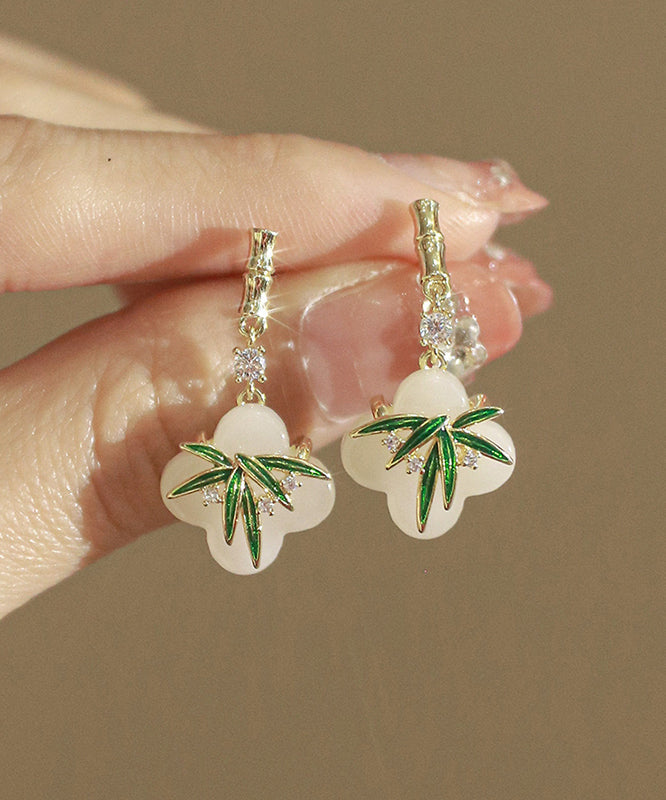 Chinese Style Green Copper Alloy Zircon Resin Bamboo Leaf Drop Earrings