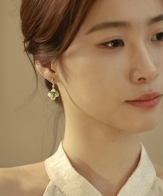 Chinese Style Green Copper Alloy Zircon Resin Bamboo Leaf Drop Earrings