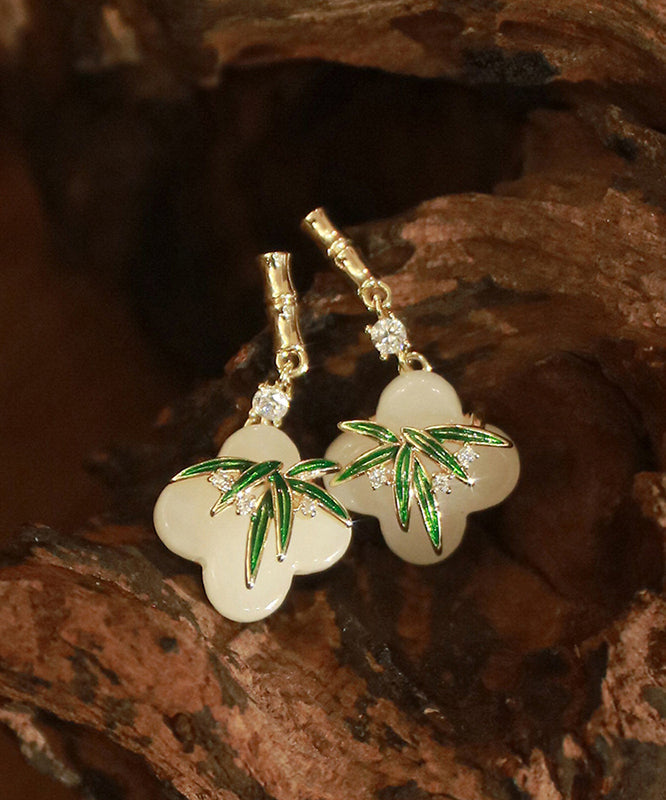 Chinese Style Green Copper Alloy Zircon Resin Bamboo Leaf Drop Earrings