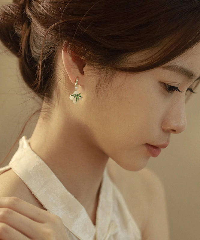 Chinese Style Green Copper Alloy Zircon Resin Bamboo Leaf Drop Earrings