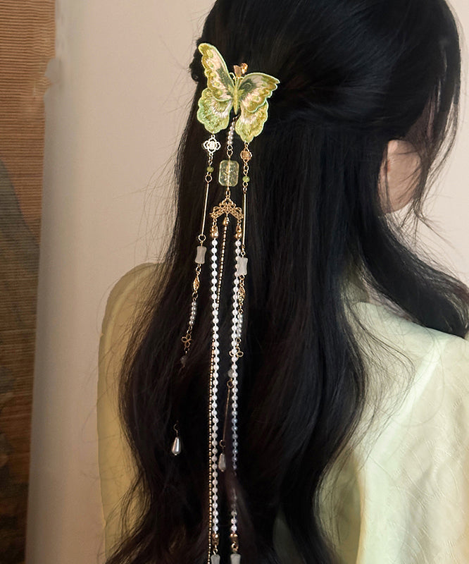 Chinese Style Green Copper Butterfly Embroidery Beading Tassel Hairpin