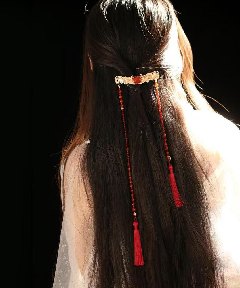 Chinese Style Green Copper Overgild Agate Pearl Tassel Hairpin