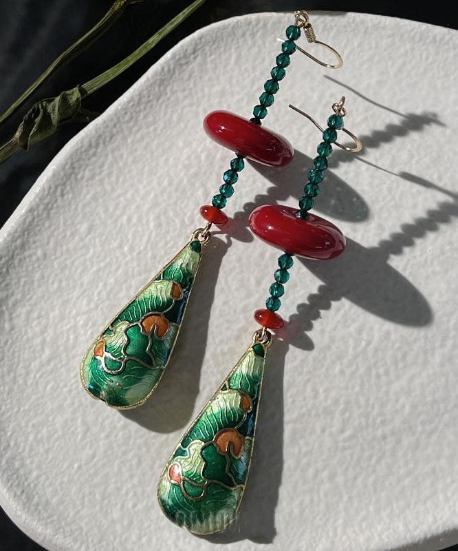 Chinese Style Green Copper Overgild Agate Resin Water Droplet Drop Earrings