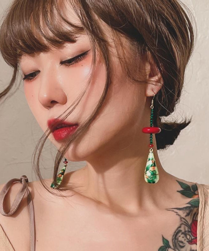 Chinese Style Green Copper Overgild Agate Resin Water Droplet Drop Earrings