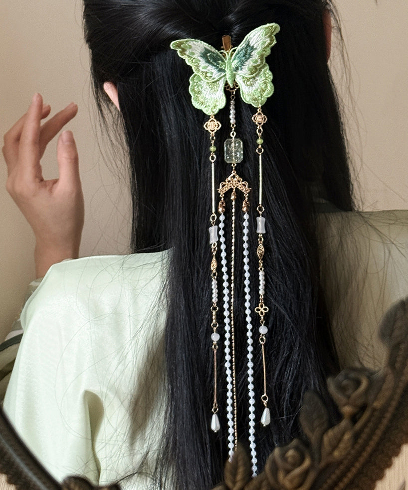 Chinese Style Green Copper Pearl Embroidery Butterfly Tassel Hairpin