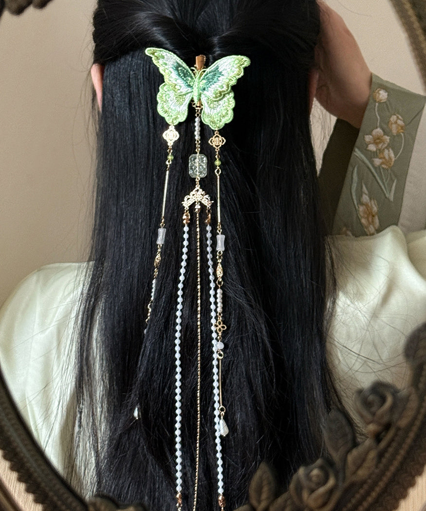 Chinese Style Green Copper Pearl Embroidery Butterfly Tassel Hairpin
