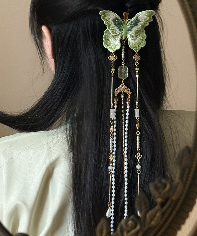 Chinese Style Green Copper Pearl Embroidery Butterfly Tassel Hairpin