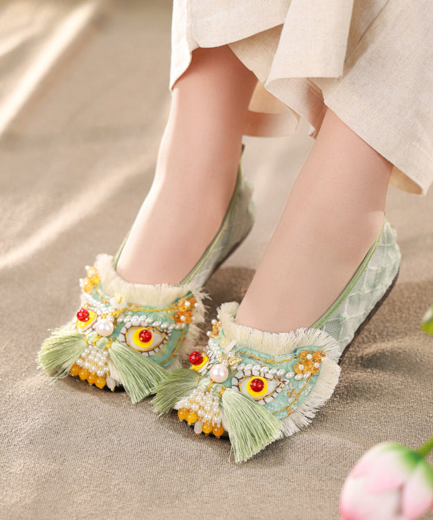Chinese Style Green Cotton Fabric Flat Shoes Splicing Tassel Nail Bead