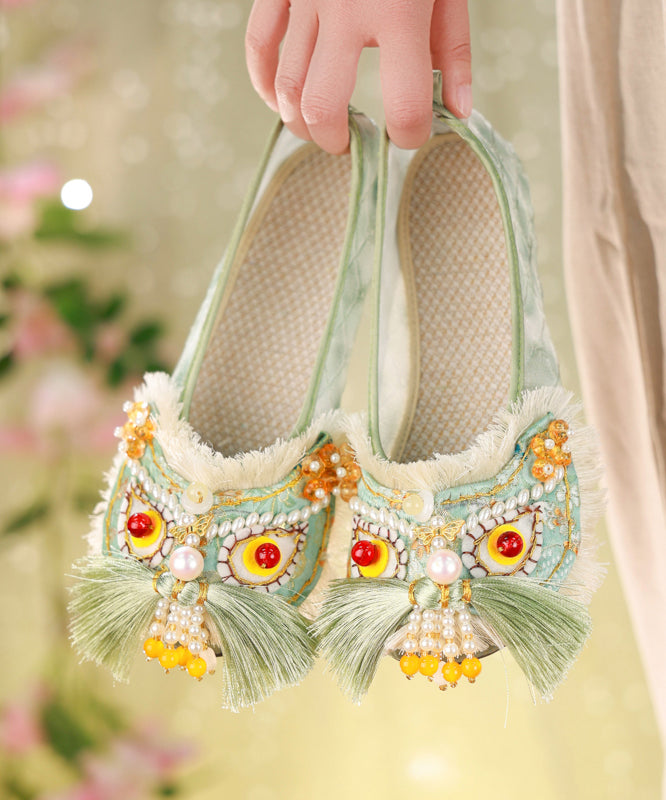 Chinese Style Green Cotton Fabric Flat Shoes Splicing Tassel Nail Bead