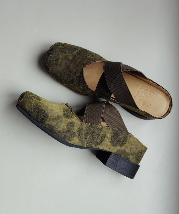 Chinese Style Green Cross Strap Splicing Chunky Slide Sandals