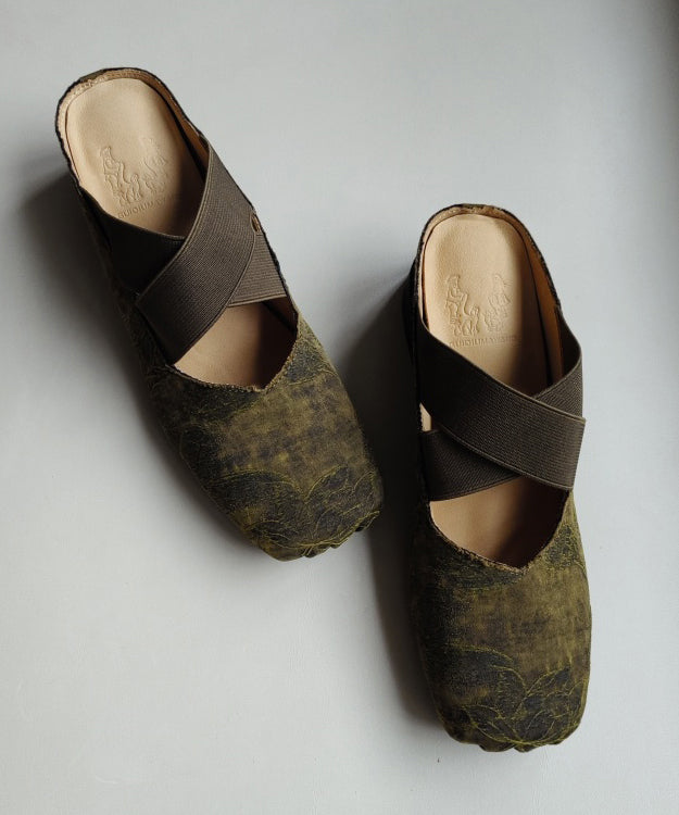 Chinese Style Green Cross Strap Splicing Chunky Slide Sandals