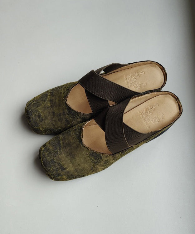 Chinese Style Green Cross Strap Splicing Chunky Slide Sandals