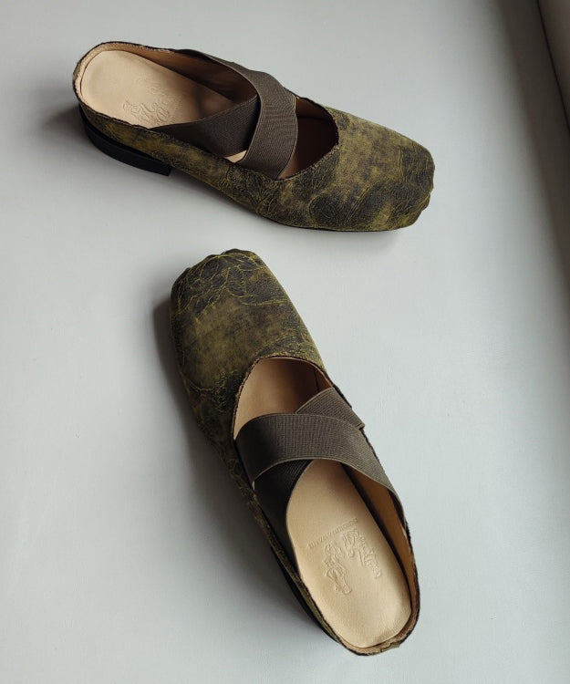 Chinese Style Green Cross Strap Splicing Chunky Slide Sandals