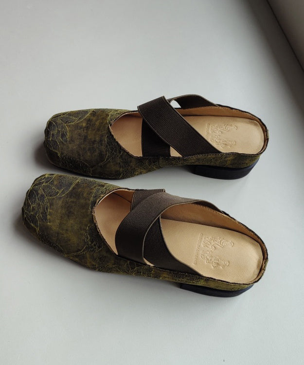 Chinese Style Green Cross Strap Splicing Chunky Slide Sandals