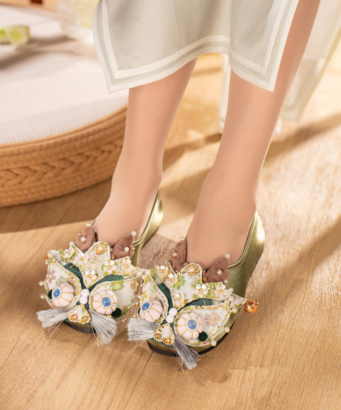 Chinese Style Green Embroidered Flat Tiger Head Shoes