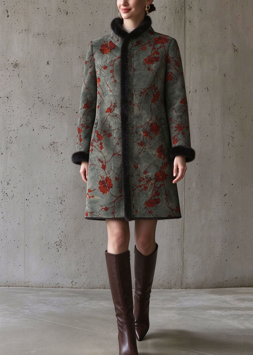 Chinese Style Green Fur Collar Patchwork Pockets Mink Velvet Coat Long Sleeve