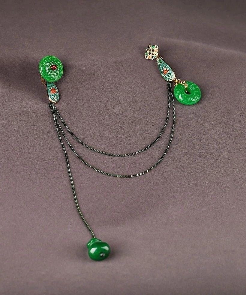 Chinese Style Green Jade Cloisonne Pomegranate Garnet Tassel Brooches