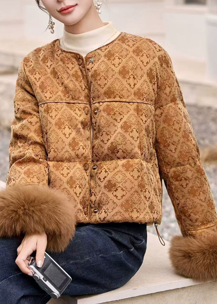 Chinese Style Green O Neck Fur Patchwork Duck Down Coats Winter