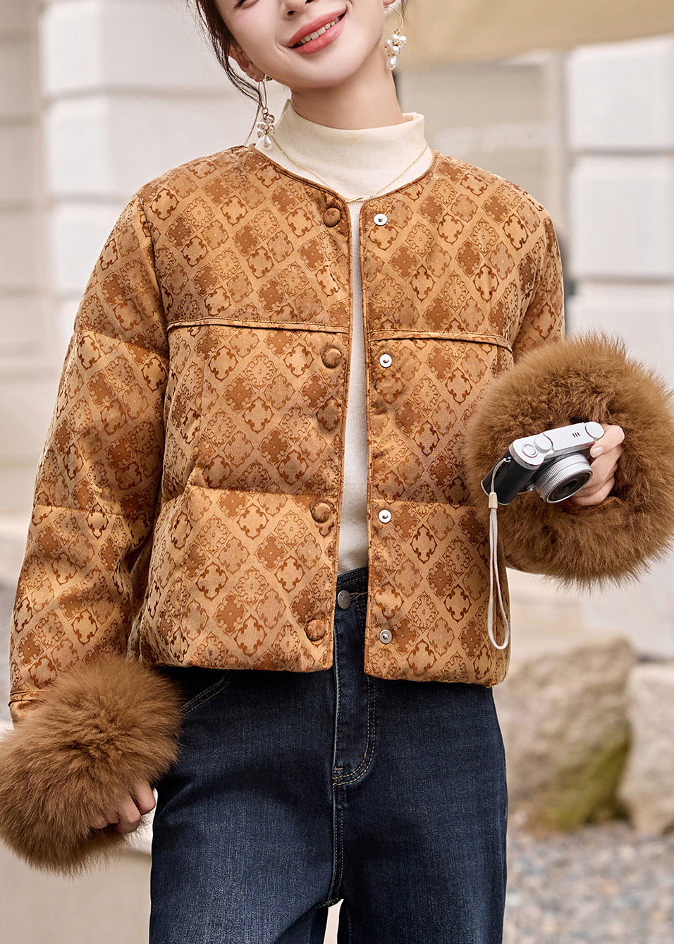 Chinese Style Green O Neck Fur Patchwork Duck Down Coats Winter