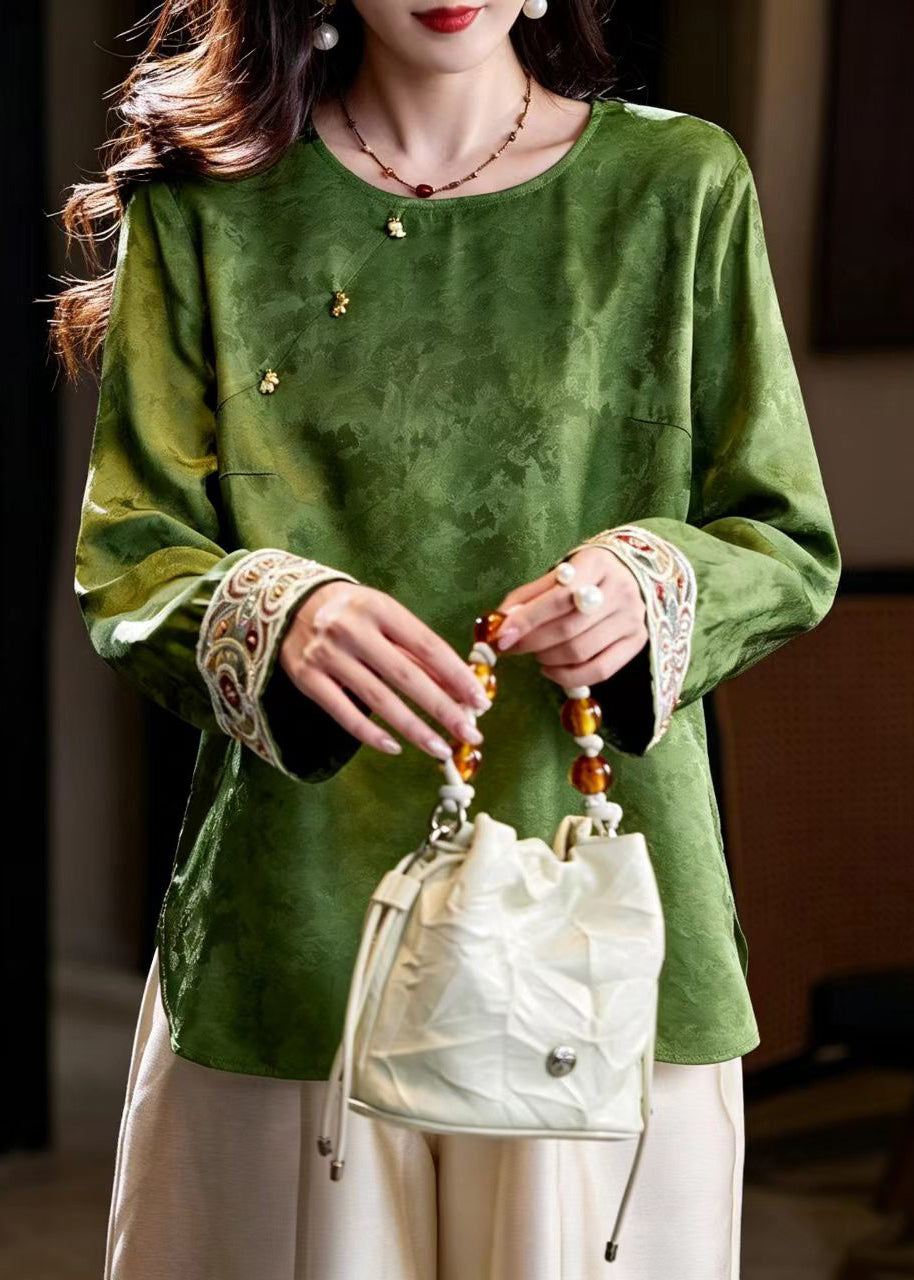 Chinese Style Green O-Neck Nail Bead Jacquard Blouse Tops Fall