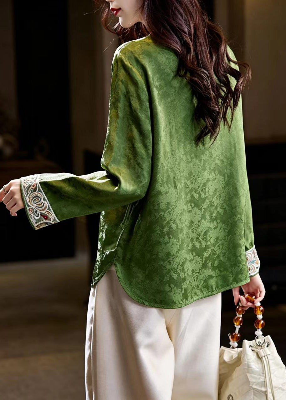 Chinese Style Green O-Neck Nail Bead Jacquard Blouse Tops Fall