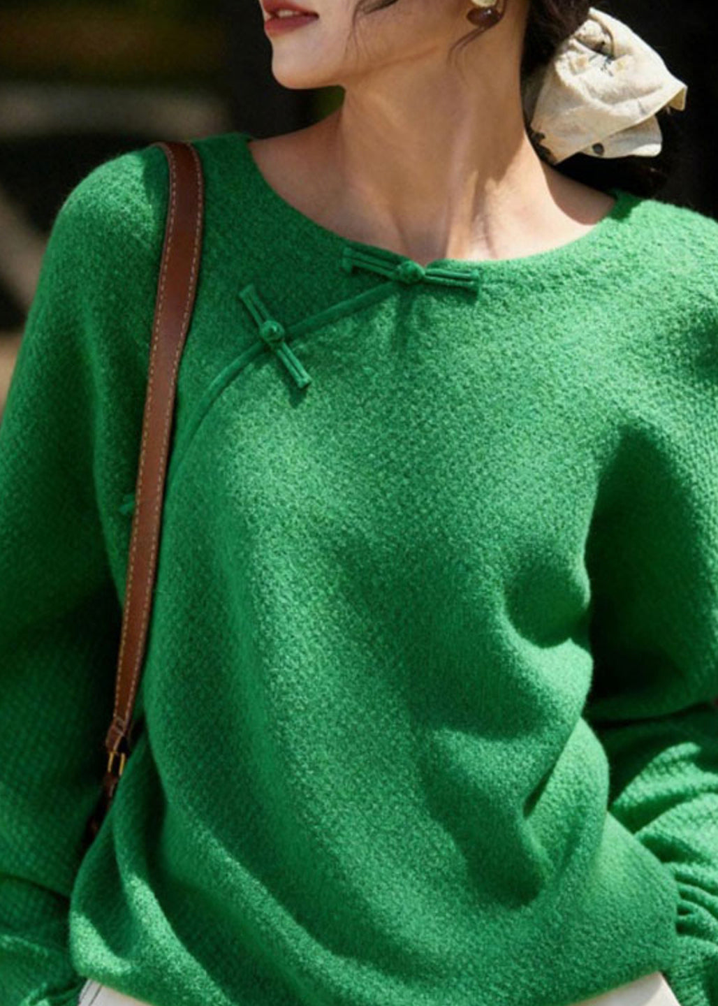 Chinese Style Green O-Neck Patchwork Cozy Solid Cotton Knit Sweater Fall