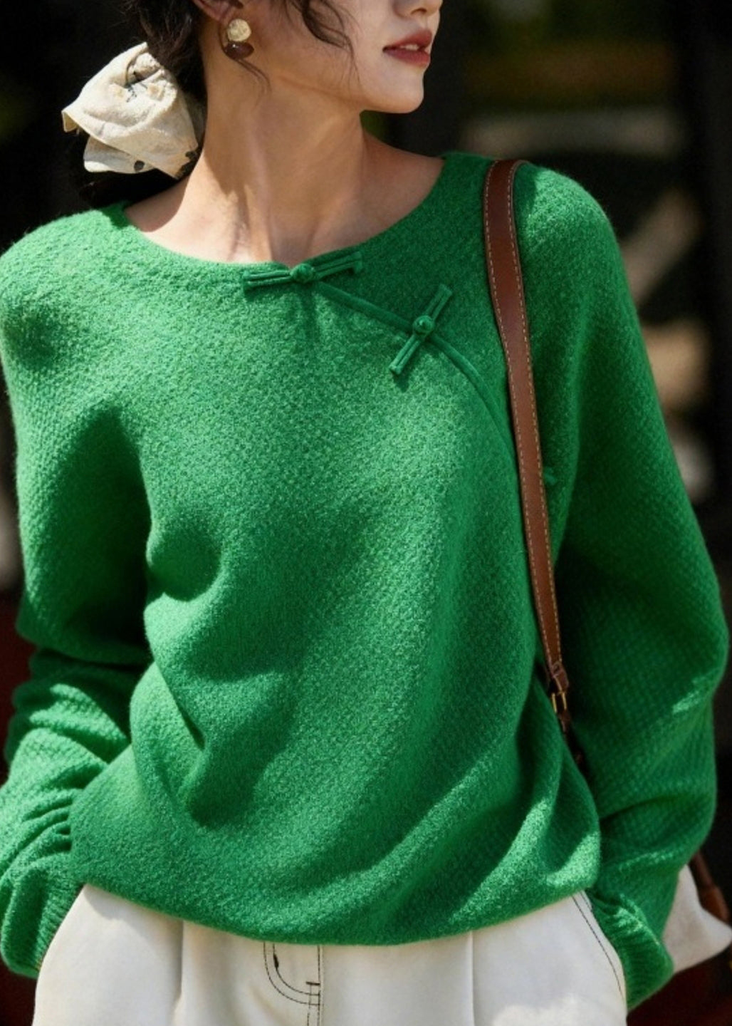 Chinese Style Green O-Neck Patchwork Cozy Solid Cotton Knit Sweater Fall