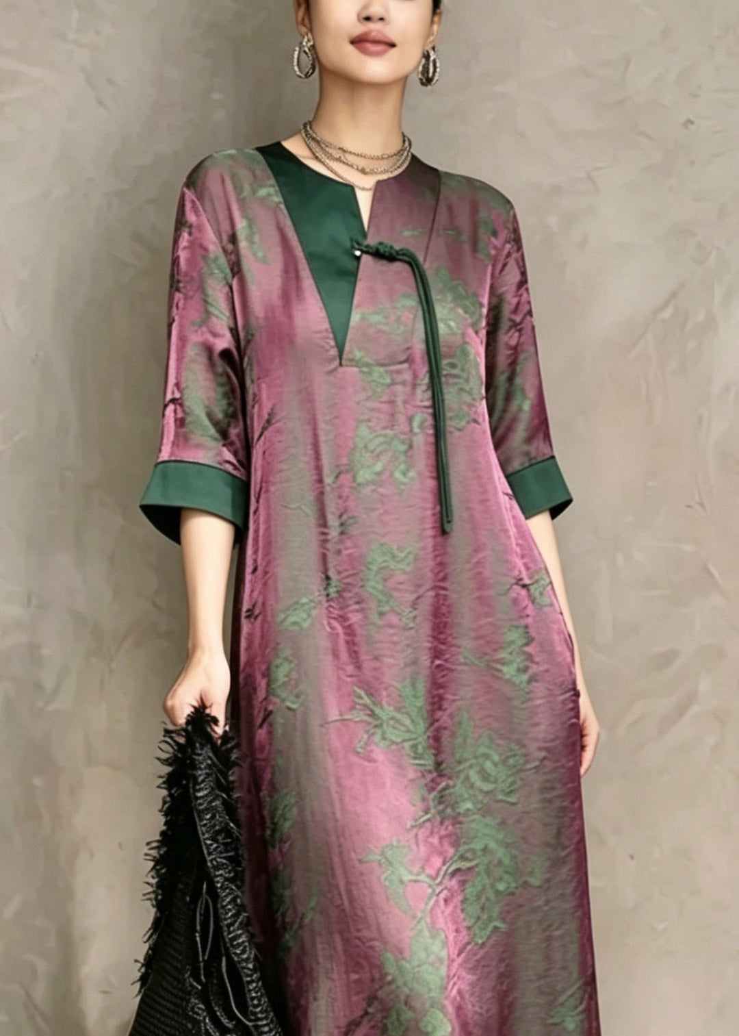 Chinese Style Green O-Neck Print Asymmetrical Long Dress Short Sleeve