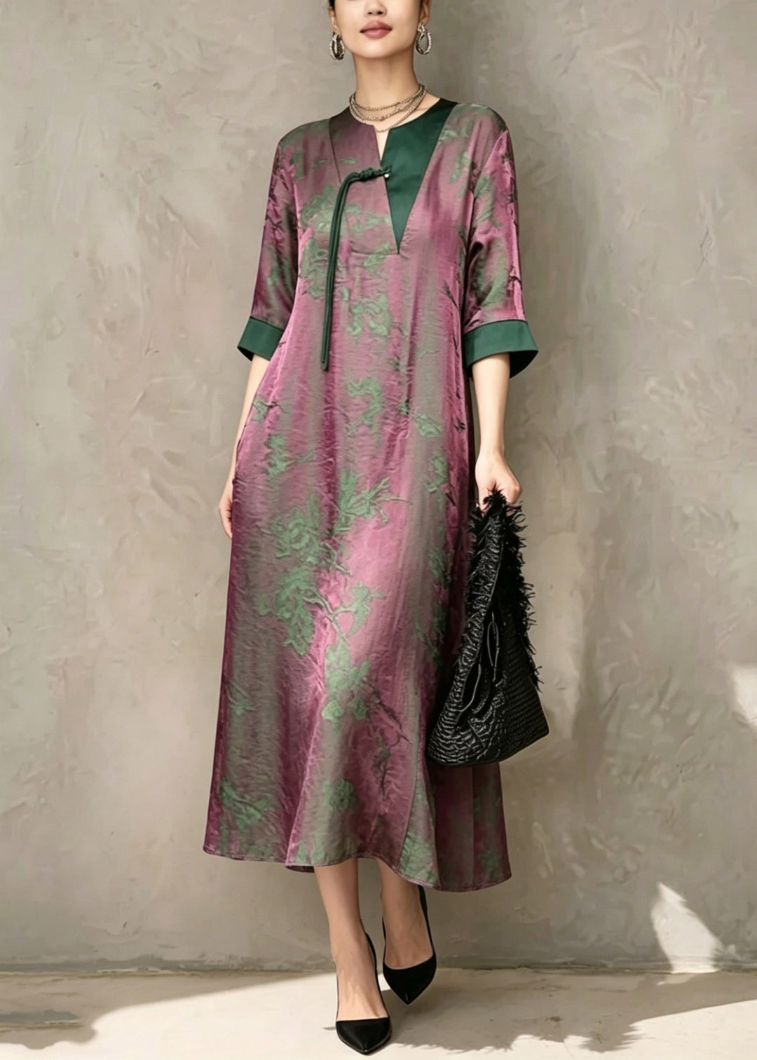 Chinese Style Green O-Neck Print Asymmetrical Long Dress Short Sleeve