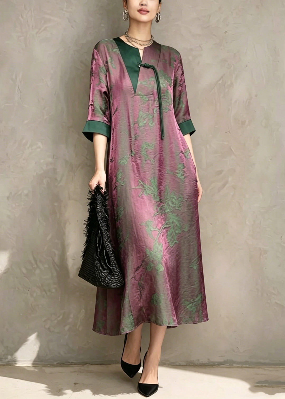 Chinese Style Green O-Neck Print Asymmetrical Long Dress Short Sleeve