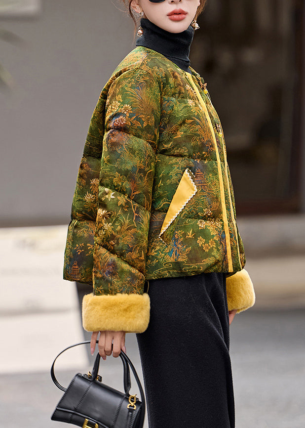 Chinese Style Green O Neck Print Duck Down Down Coat Winter
