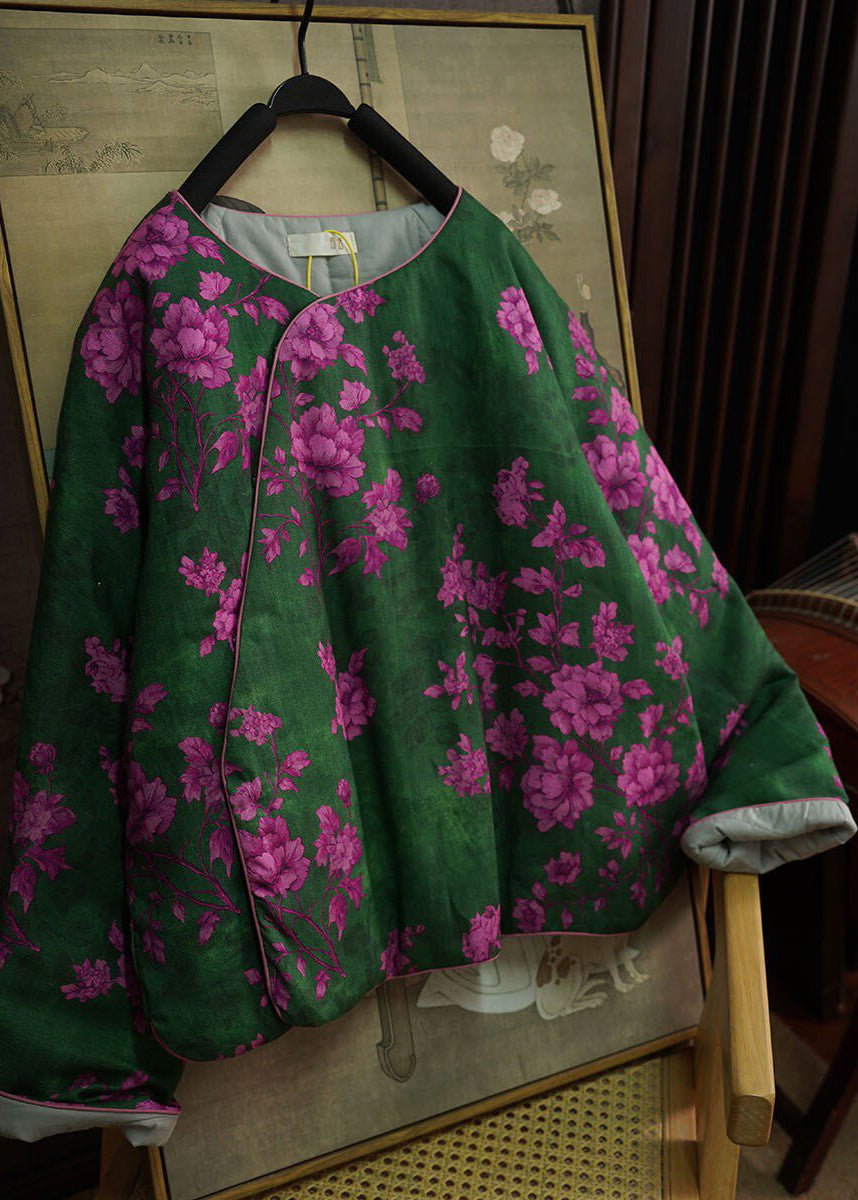 Chinese Style Green O Neck Print Fine Cotton Filled Witner Coat