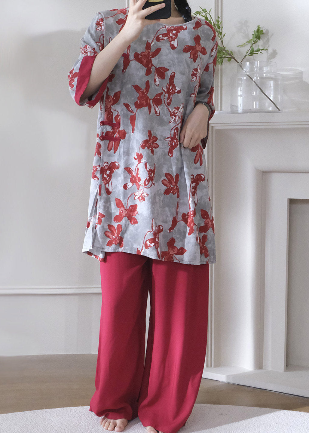 Chinese Style Green O-Neck Print Lingerie Set Short Sleeve