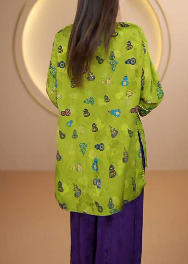 Chinese Style Green O Neck Print Patchwork Silk Shirt Fall