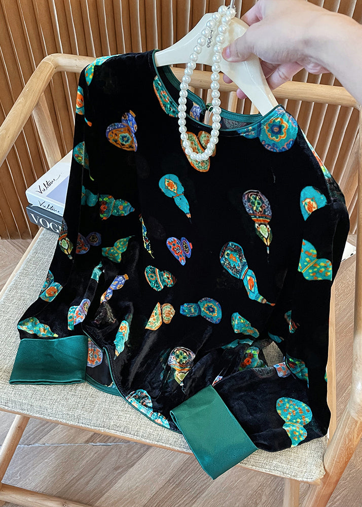 Chinese Style Green O Neck Print Velour Shirt Tops Spring