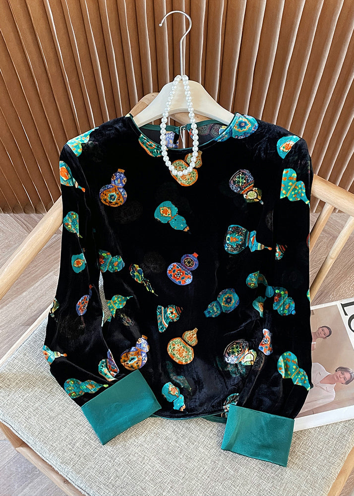 Chinese Style Green O Neck Print Velour Shirt Tops Spring