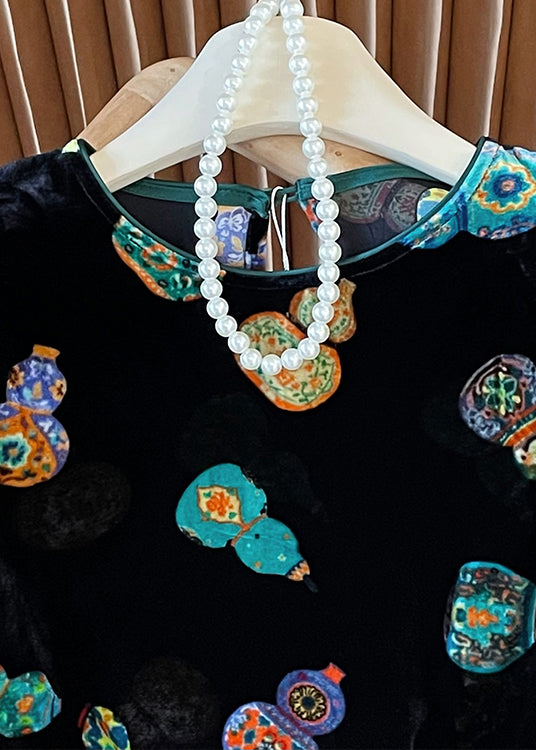 Chinese Style Green O Neck Print Velour Shirt Tops Spring