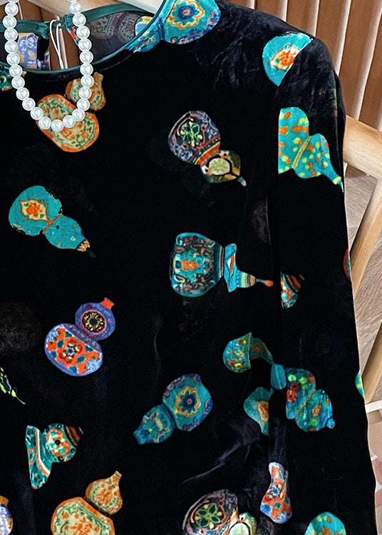 Chinese Style Green O Neck Print Velour Shirt Tops Spring