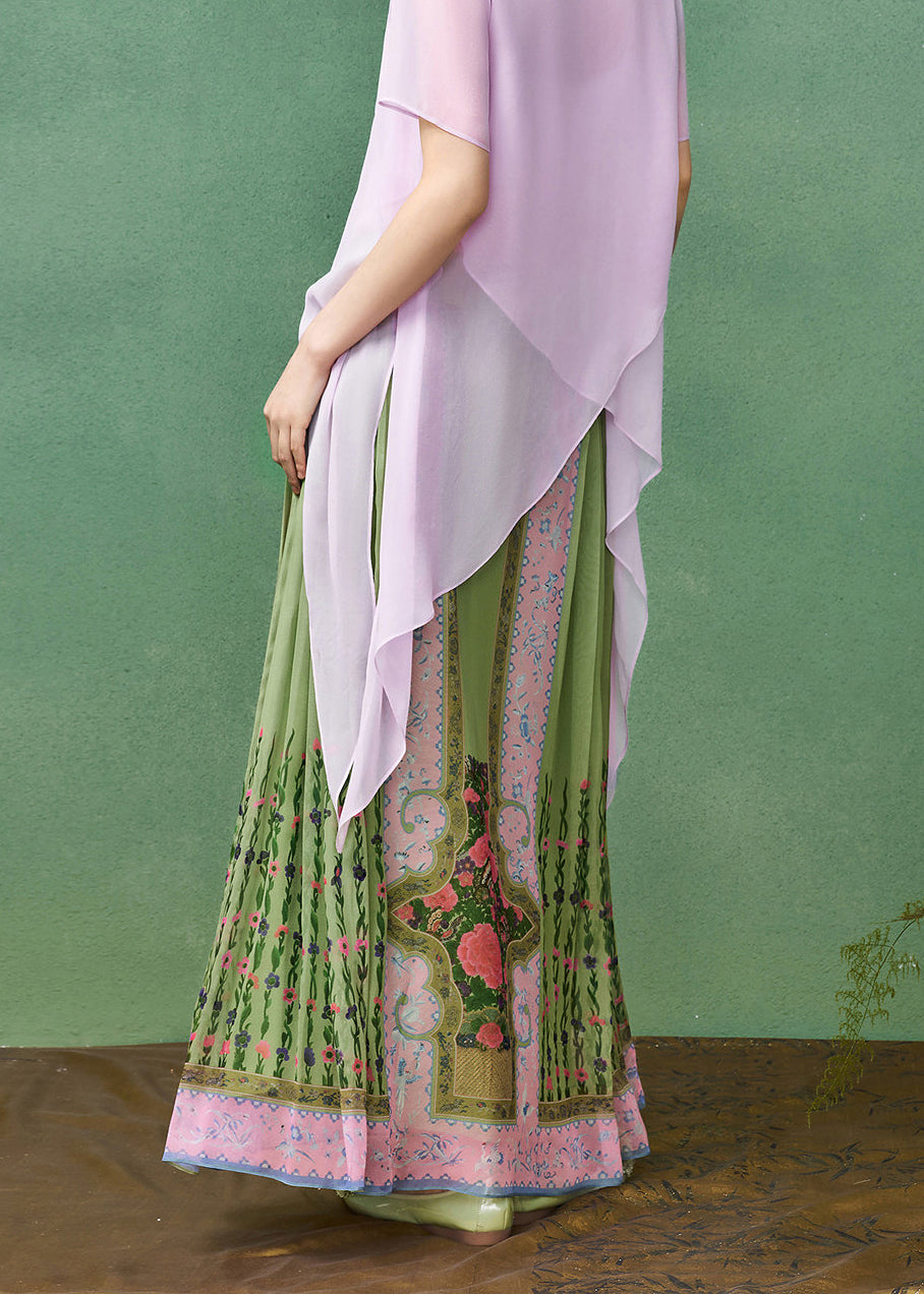 Chinese Style Green Pleated Print Modified Mamian Skirt Summer
