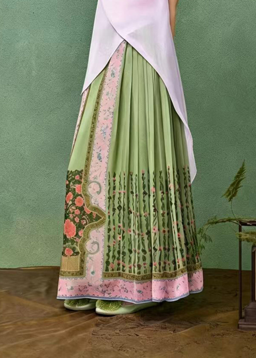 Chinese Style Green Pleated Print Modified Mamian Skirt Summer