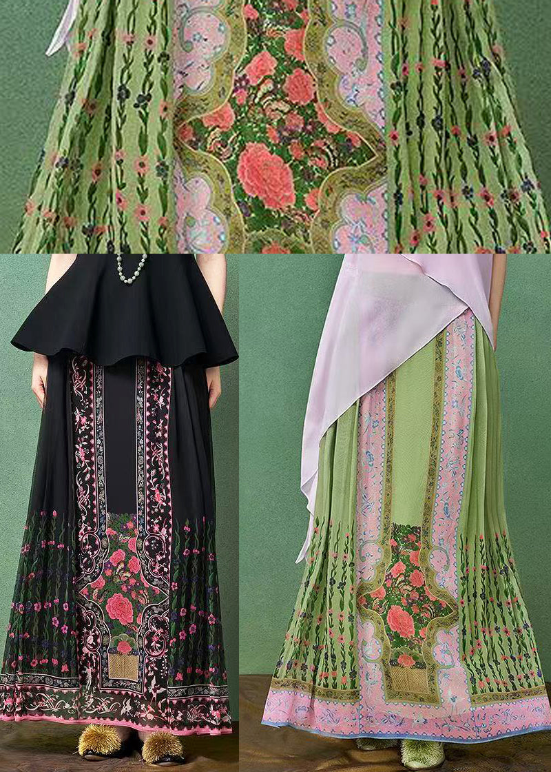 Chinese Style Green Pleated Print Modified Mamian Skirt Summer