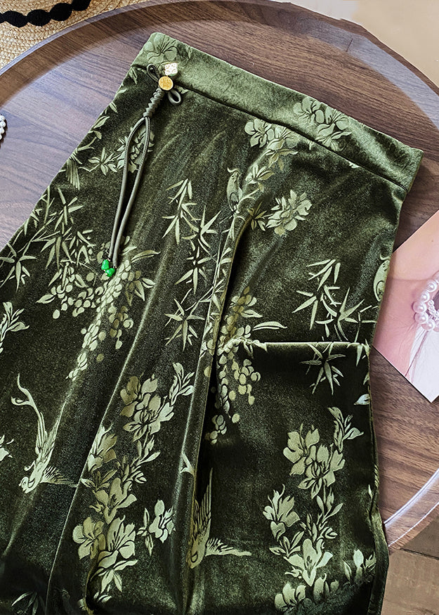 Chinese Style Green Print Back Open High Waist Silk Velvet Skirts